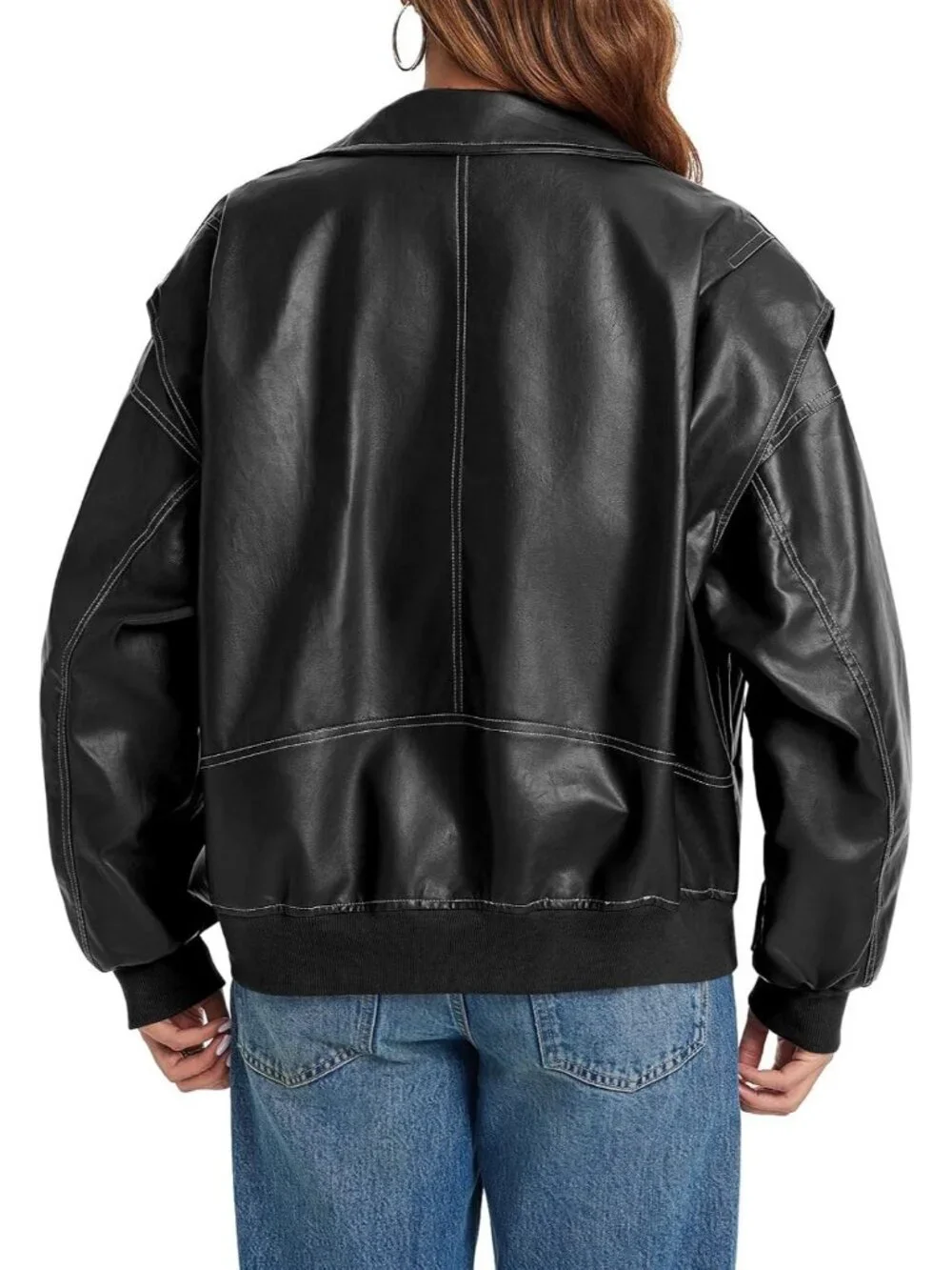 Women's Black Oversized Faux Leather Bomber Jacket Motorcycle ZIP Up Coat